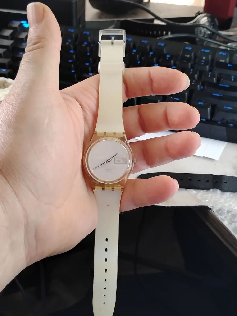 Swatch White Dial Watch with Gold Accents Tested And Running